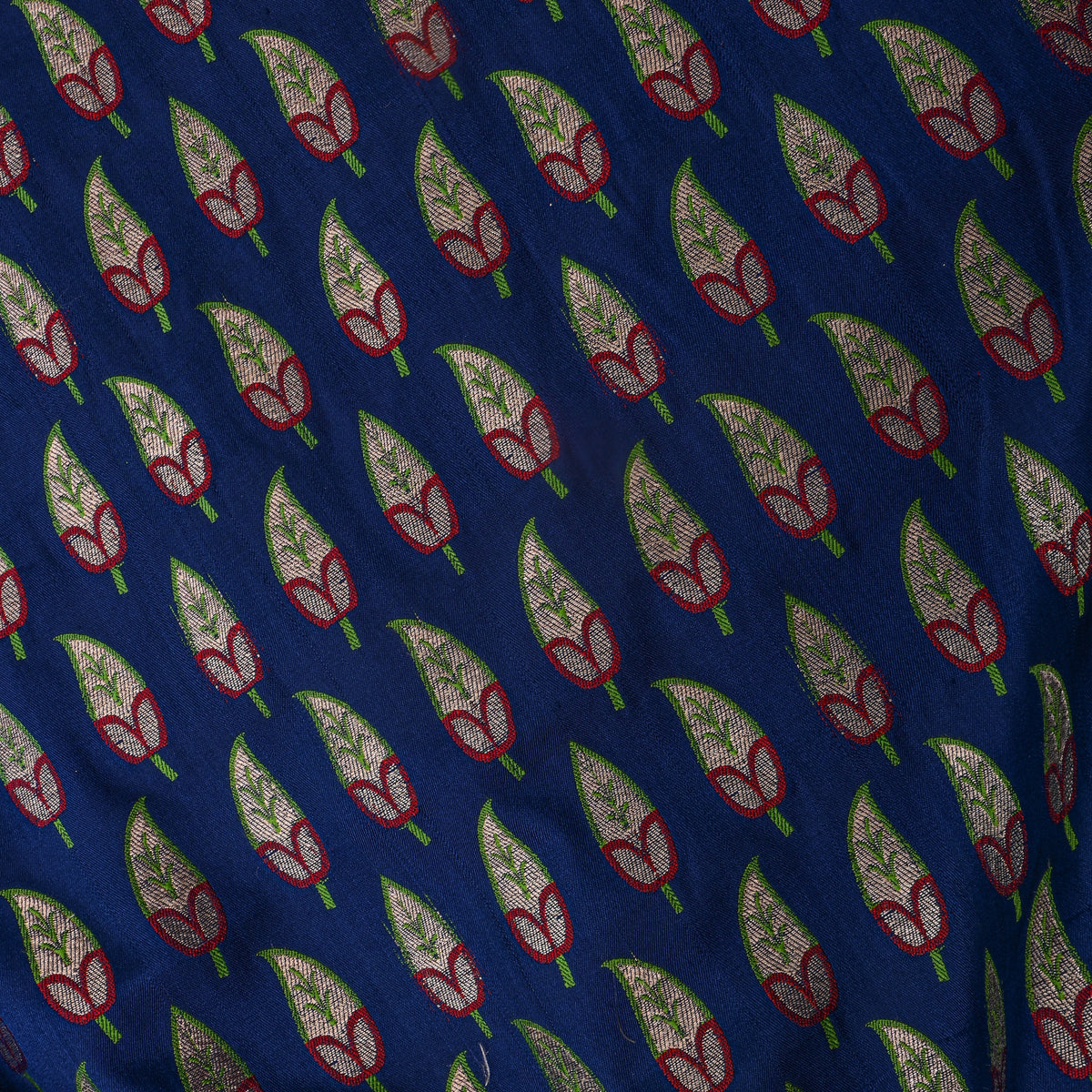 Vintage Blue Jamawar Silk Fabric With Gold Zari Butti