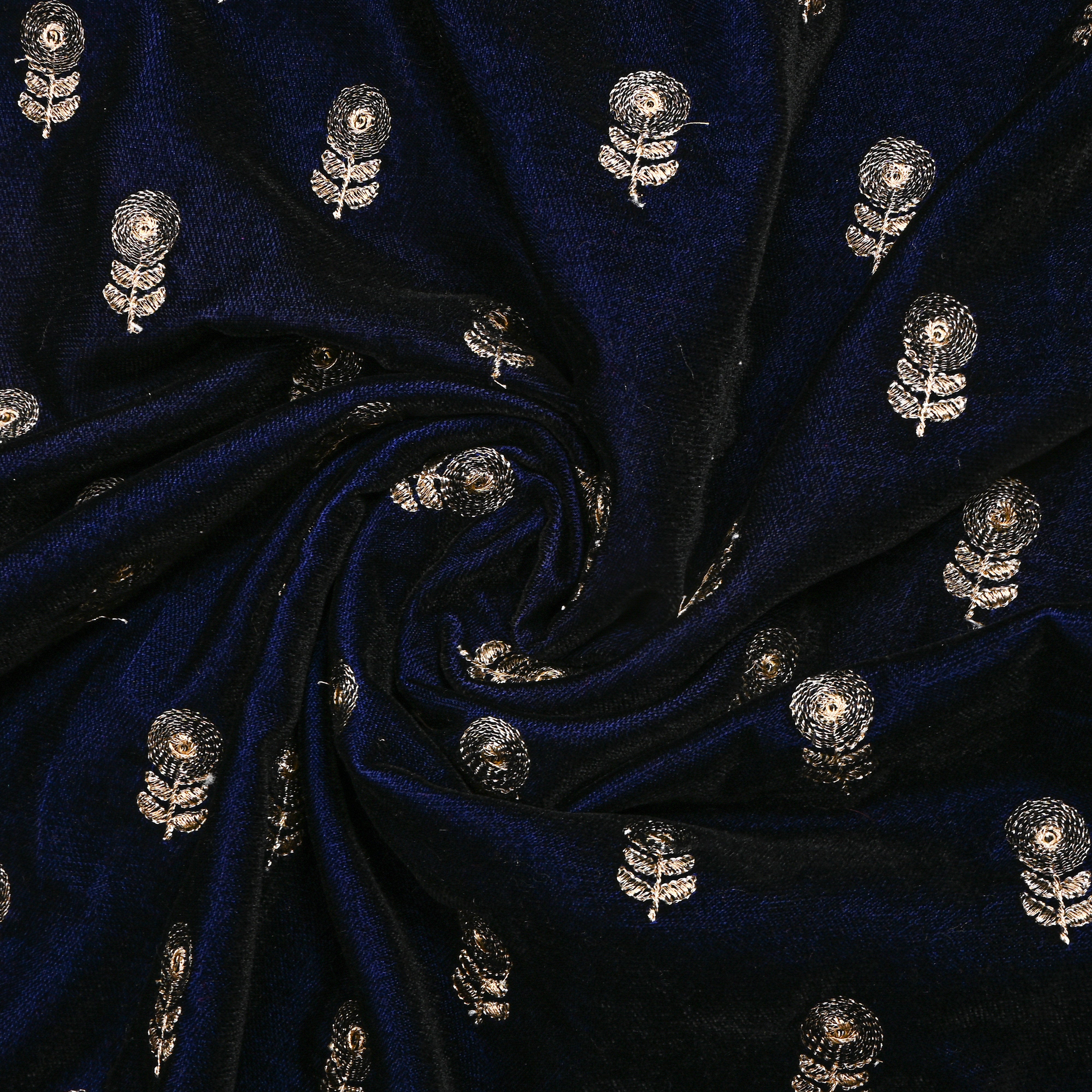 Royal Blue Gold Zari Butti Embroidery Velvet Fabric
