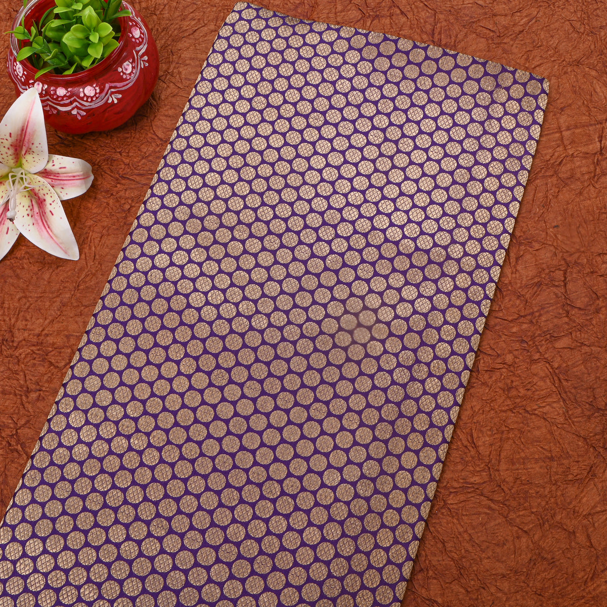Violet Jamawar Silk Fabric With Gold Zari Butti
