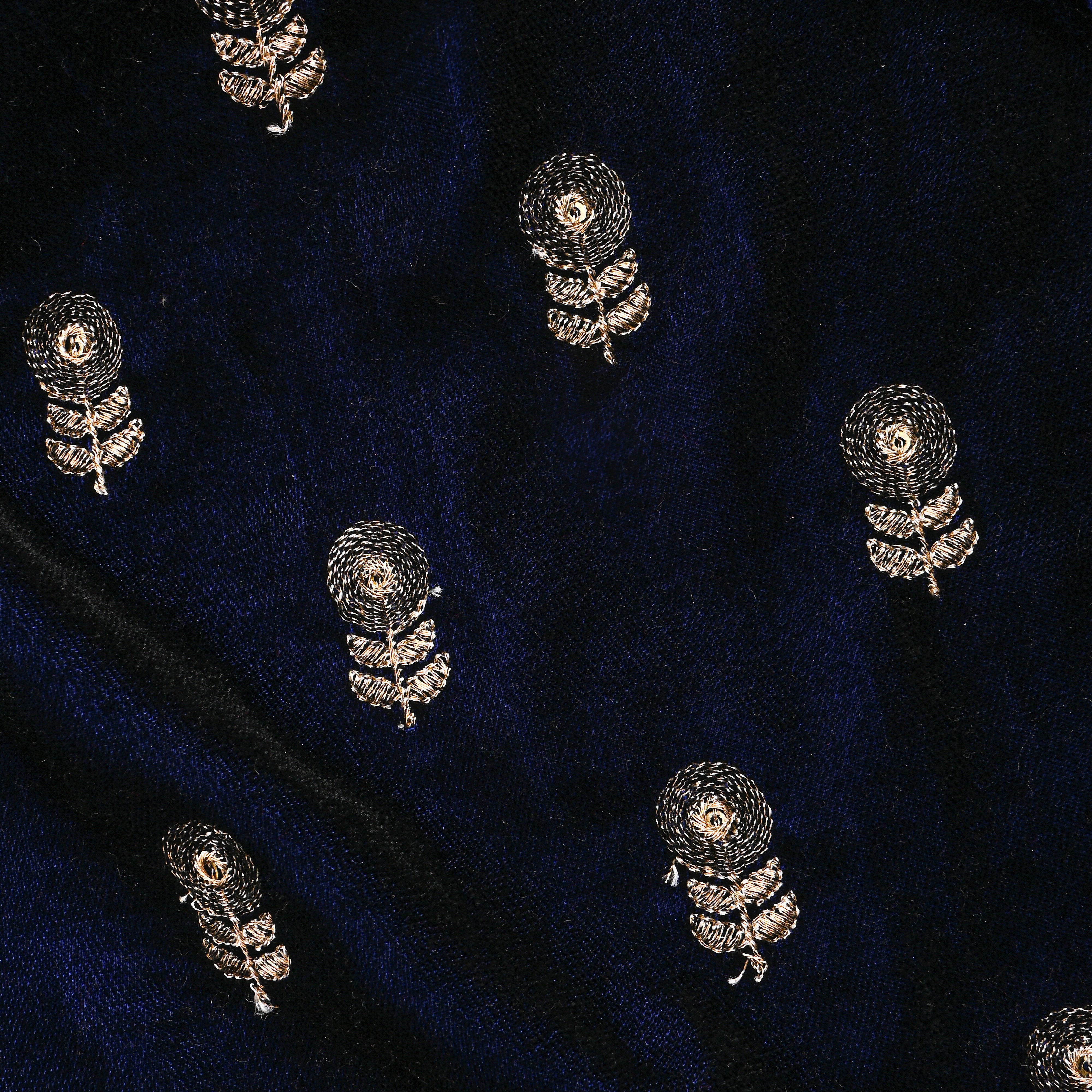 Royal Blue Gold Zari Butti Embroidery Velvet Fabric