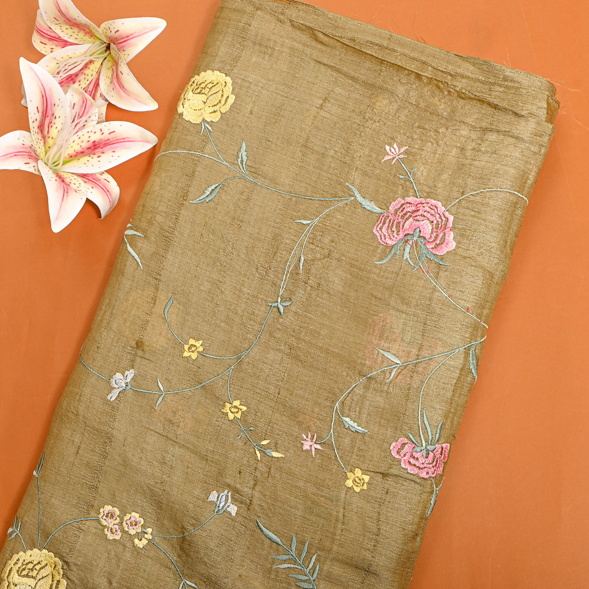 Sand Beige Floral Jaal Thread Work Embroidery Tussar Silk Fabric