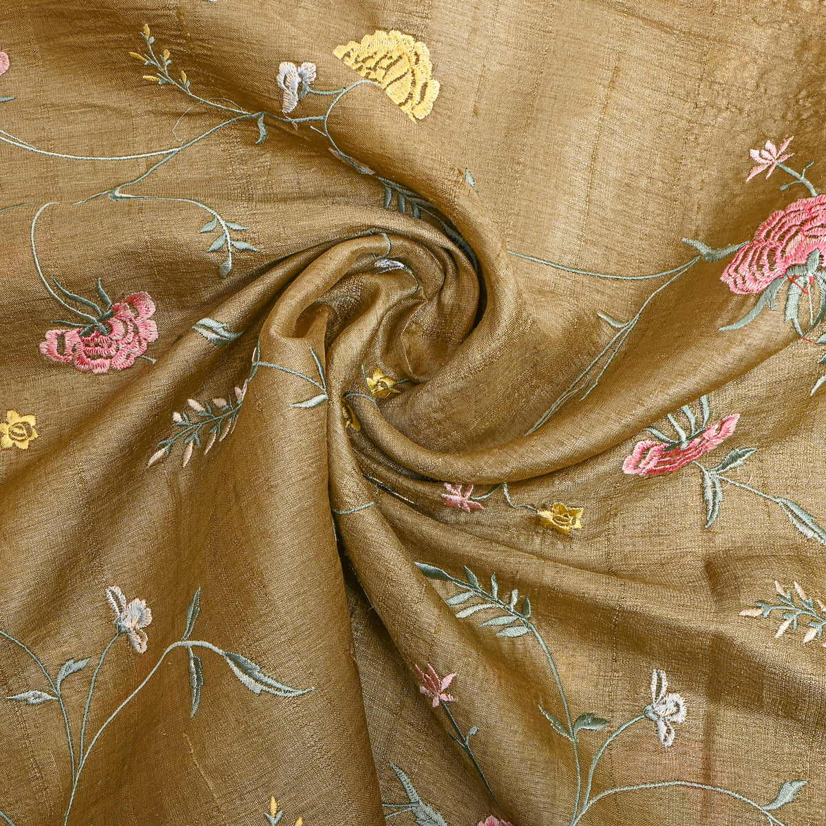 Sand Beige Floral Jaal Thread Work Embroidery Tussar Silk Fabric