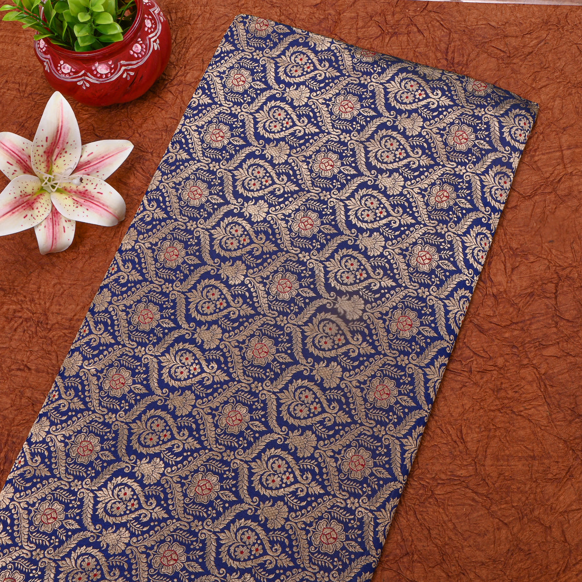 Sapphire Blue Gold Zari Weave Brocade Jamawar Silk Fabric