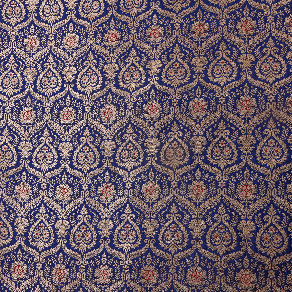 Sapphire Blue Gold Zari Weave Brocade Jamawar Silk Fabric