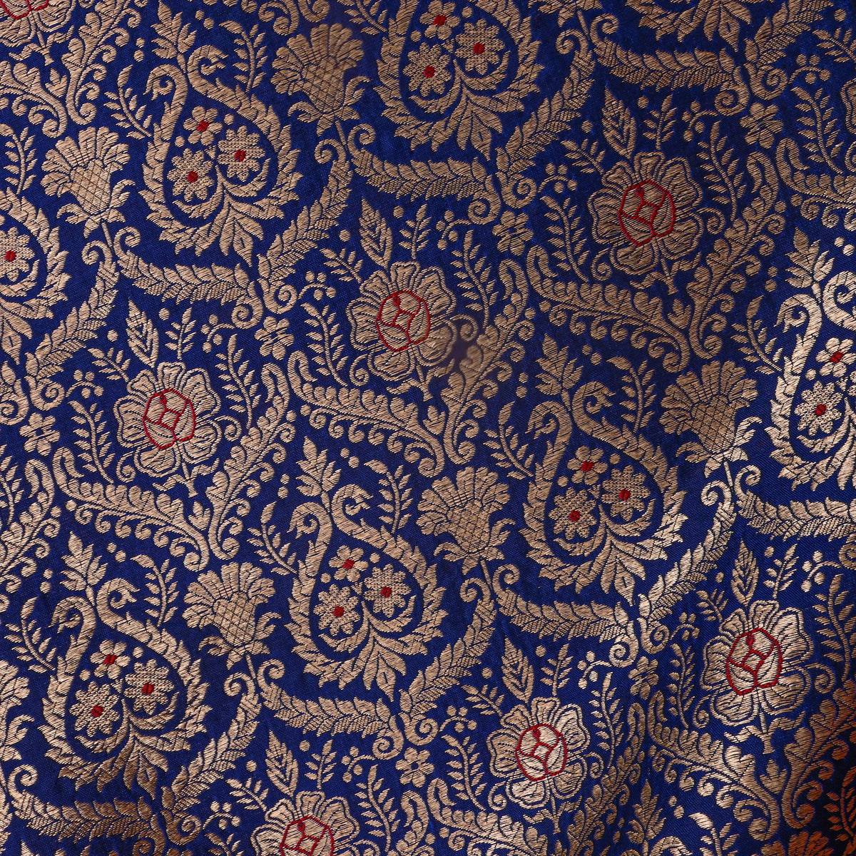 Sapphire Blue Gold Zari Weave Brocade Jamawar Silk Fabric