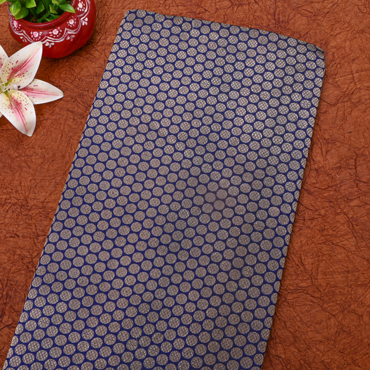 Dark Navy Blue Gold Butti Self Weave Jamawar Silk Fabric