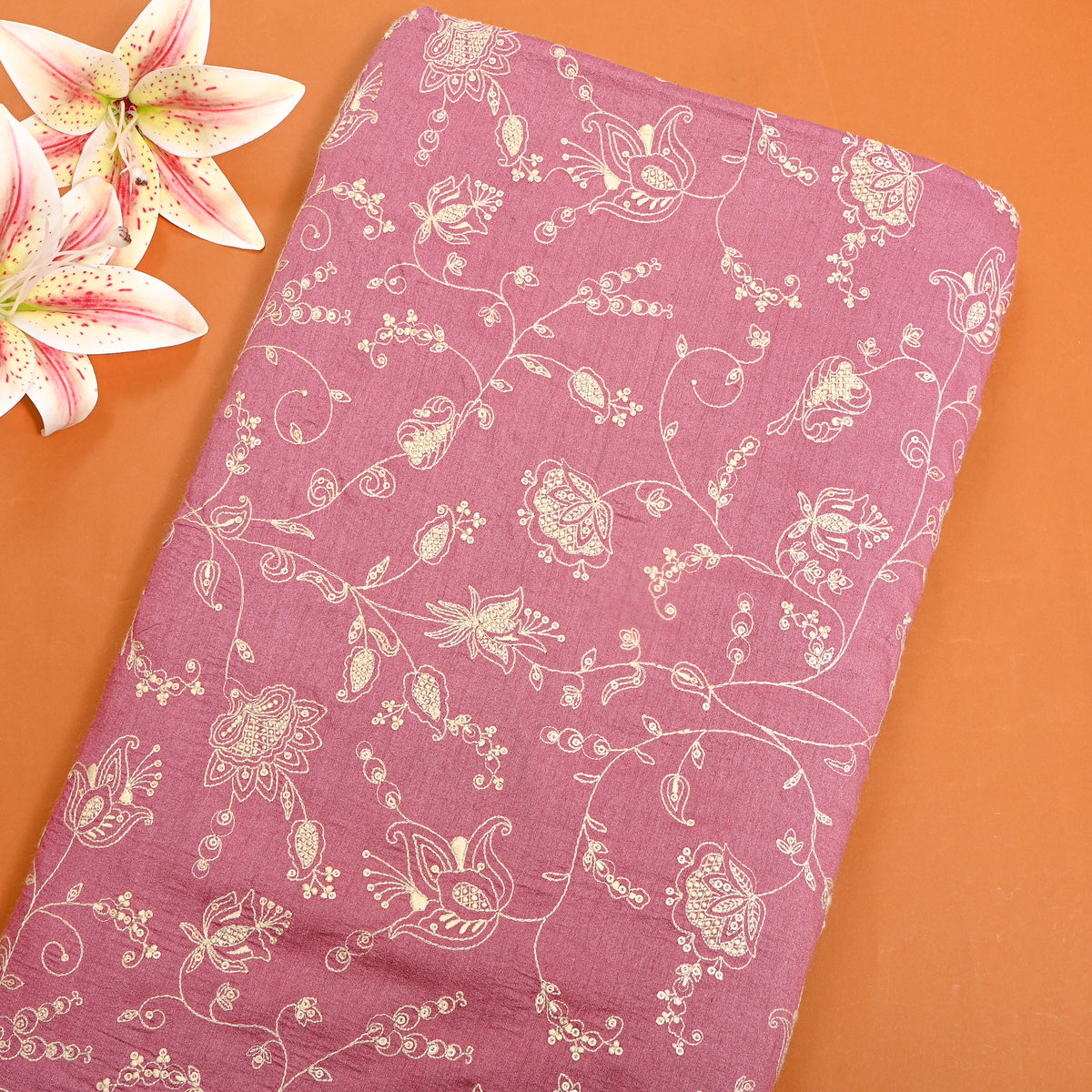 Pink Floral Vine Thread Work Tussar Silk Fabric