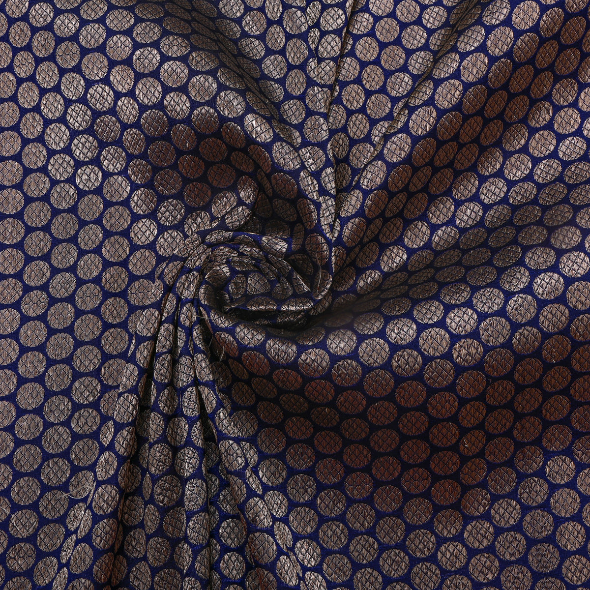 Dark Navy Blue Gold Butti Self Weave Jamawar Silk Fabric