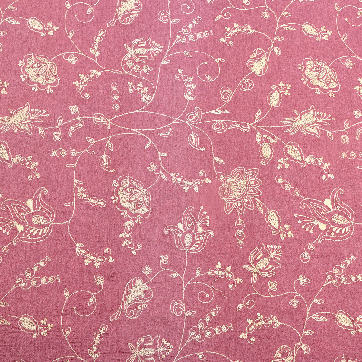 Pink Floral Vine Thread Work Tussar Silk Fabric
