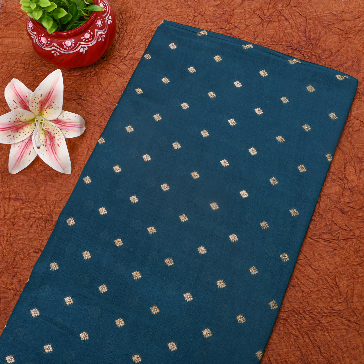 Peacock Blue Gold Butti Self Weave Jamawar Silk Fabric