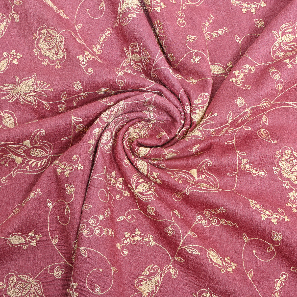 Pink Floral Vine Thread Work Tussar Silk Fabric