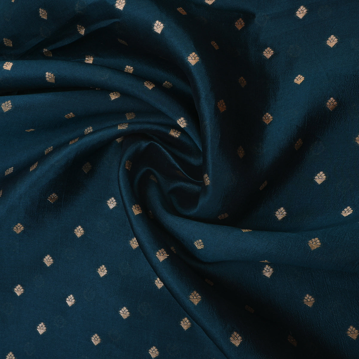Peacock Blue Gold Butti Self Weave Jamawar Silk Fabric