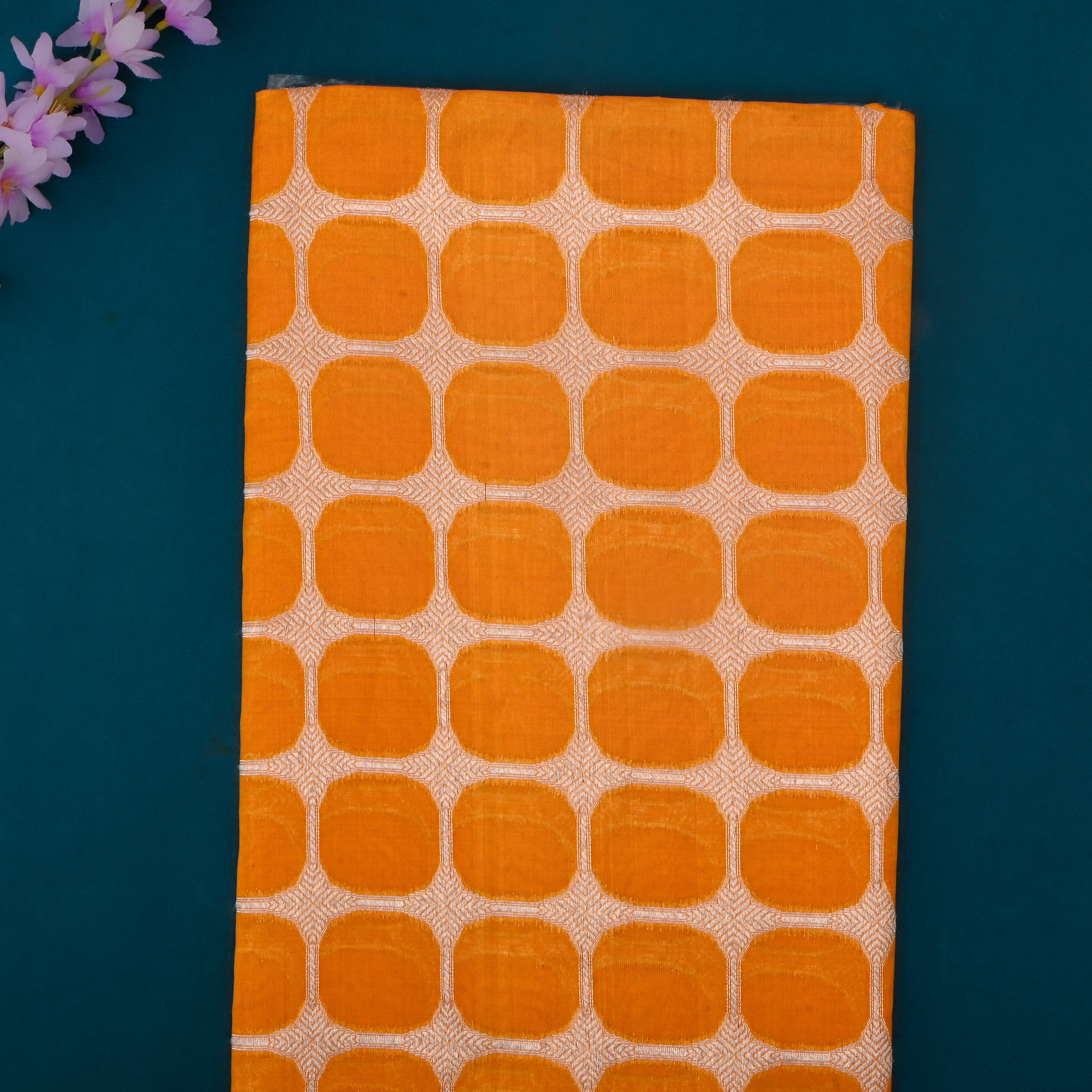 Mango Tango Orange Jamawar Silk Fabric With Geometrical Pattern