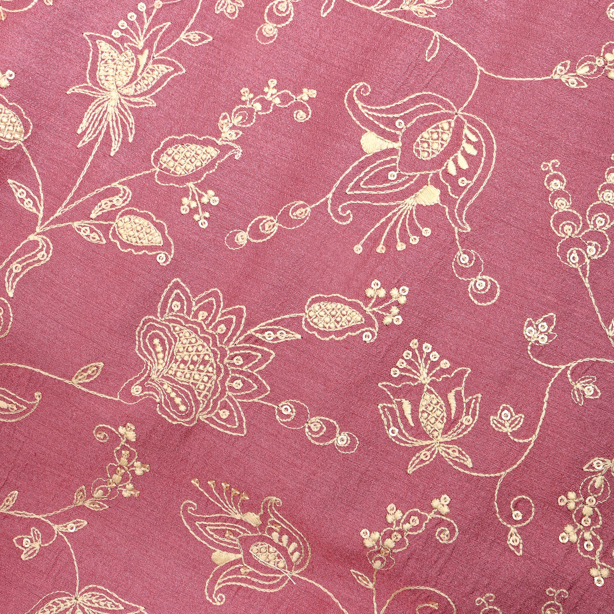 Pink Floral Vine Thread Work Tussar Silk Fabric