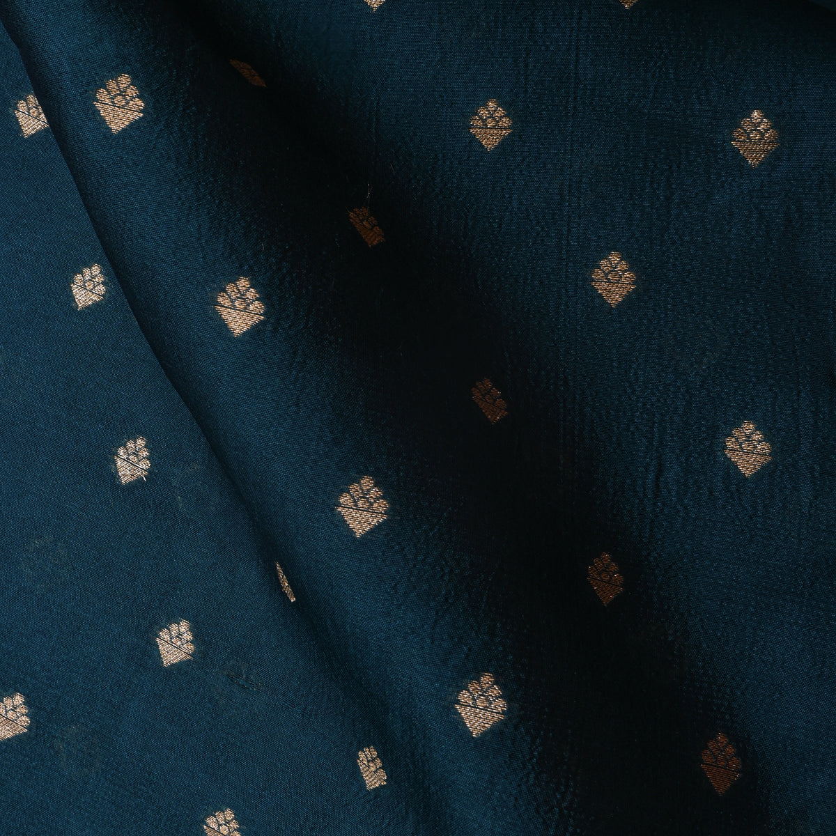 Peacock Blue Gold Butti Self Weave Jamawar Silk Fabric
