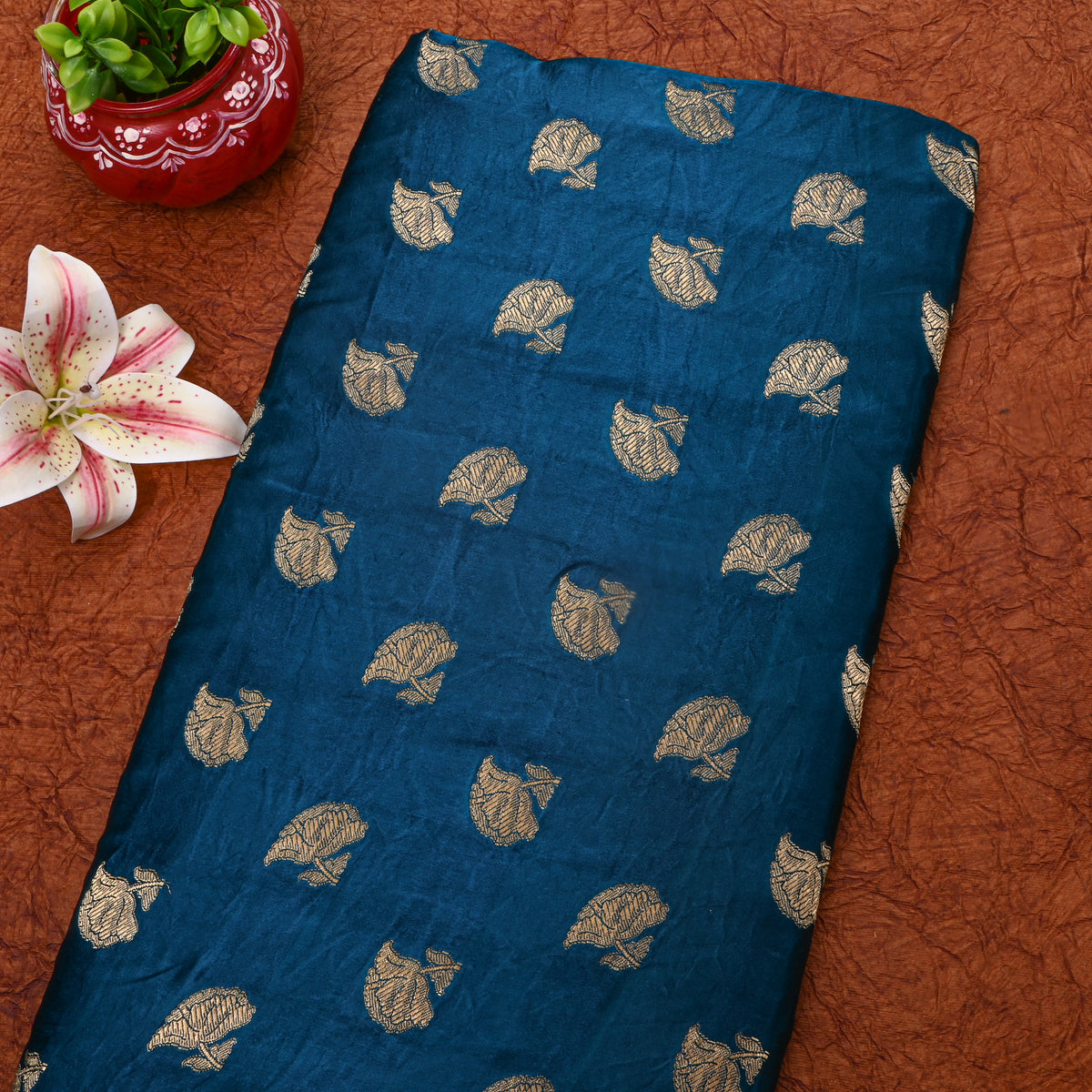 Teal Gold ZariLarge Floral Butti Jamawar Silk Fabric