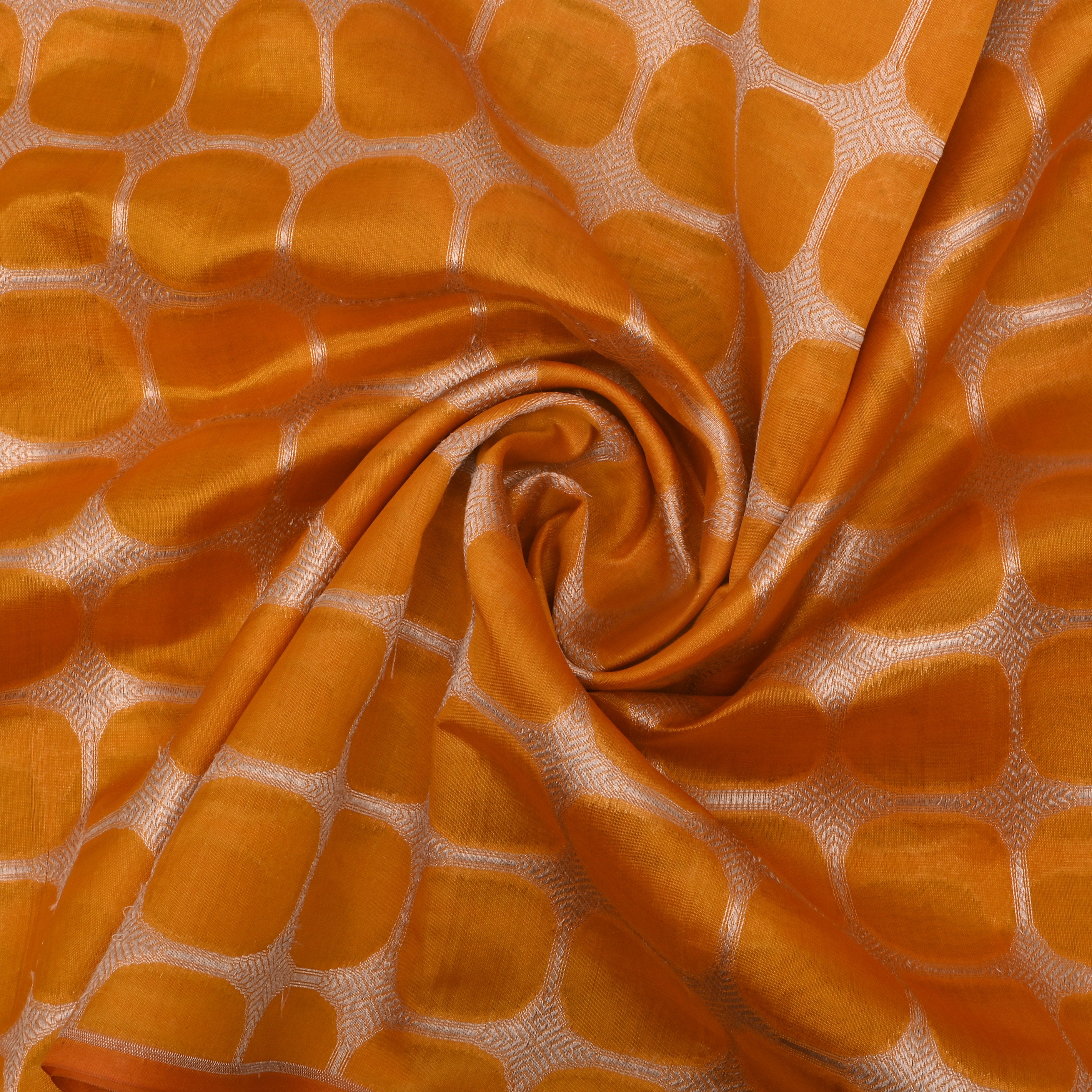 Mango Tango Orange Jamawar Silk Fabric With Geometrical Pattern