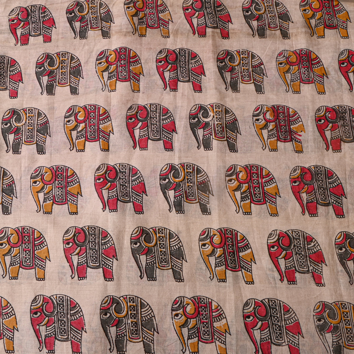 Biscuit Beige Elephant Kalamkari Pen Handloom Cotton Fabric