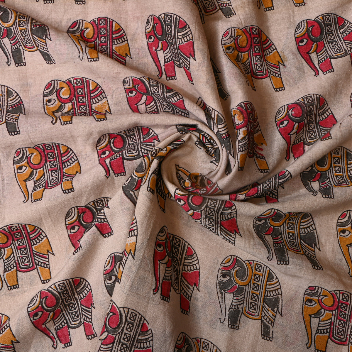 Biscuit Beige Elephant Kalamkari Pen Handloom Cotton Fabric