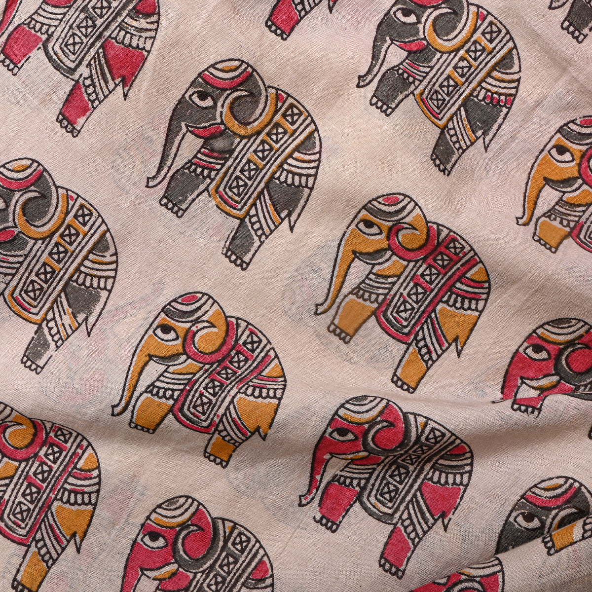 Biscuit Beige Elephant Kalamkari Pen Handloom Cotton Fabric