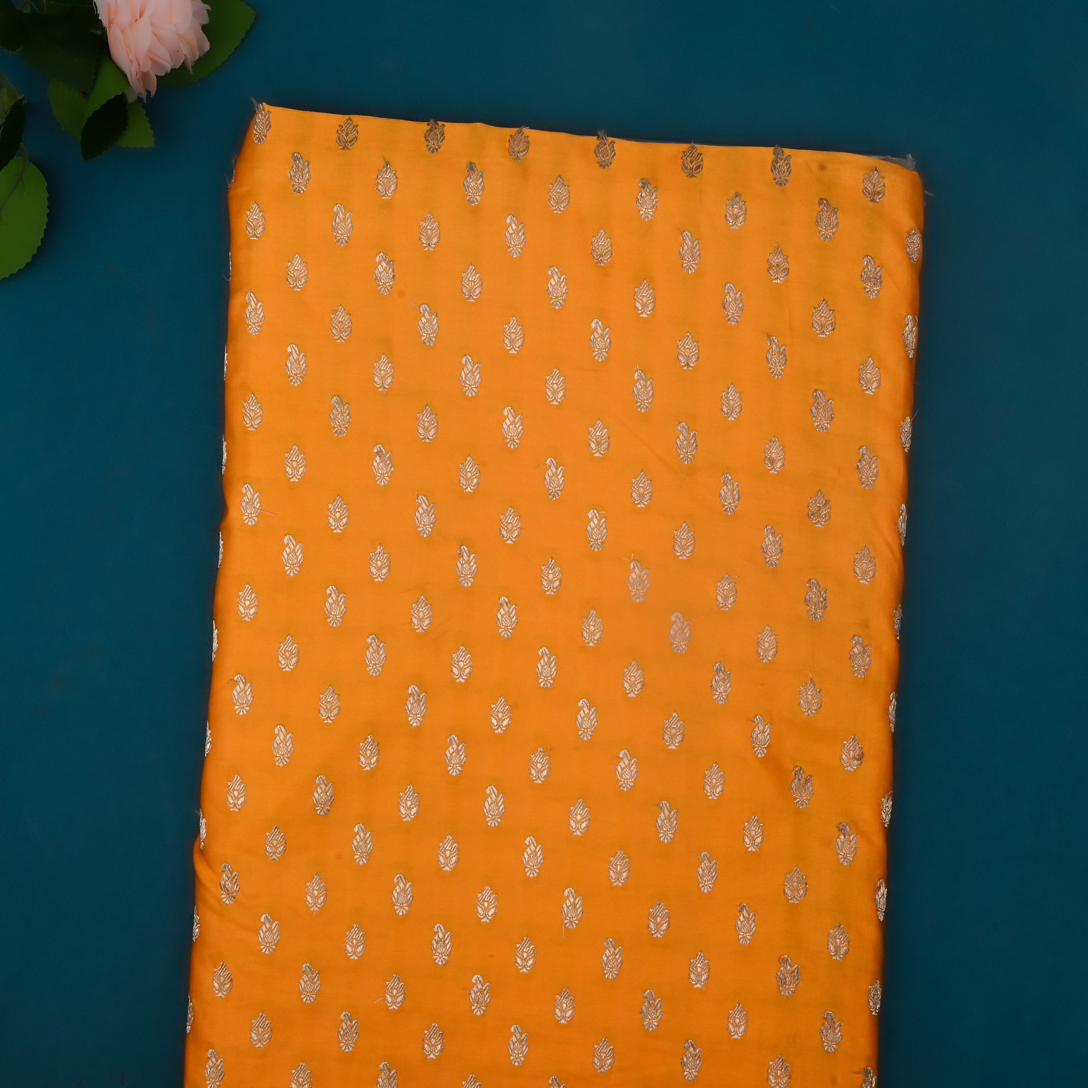 Cadmium Orange Jamawar Satin Fabric With Butti'S