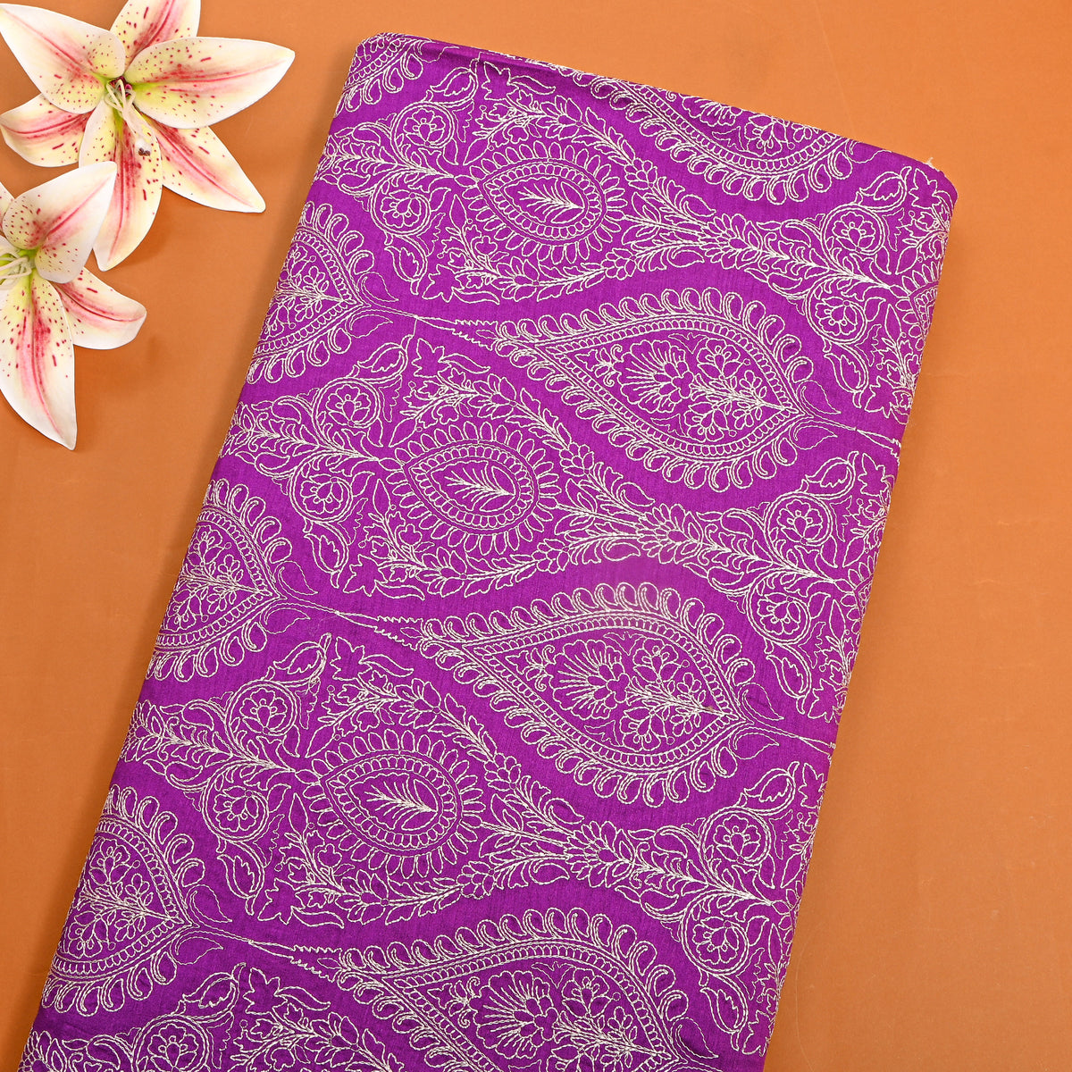 Purple Geometric Thread Work Munga Tussar Fabric