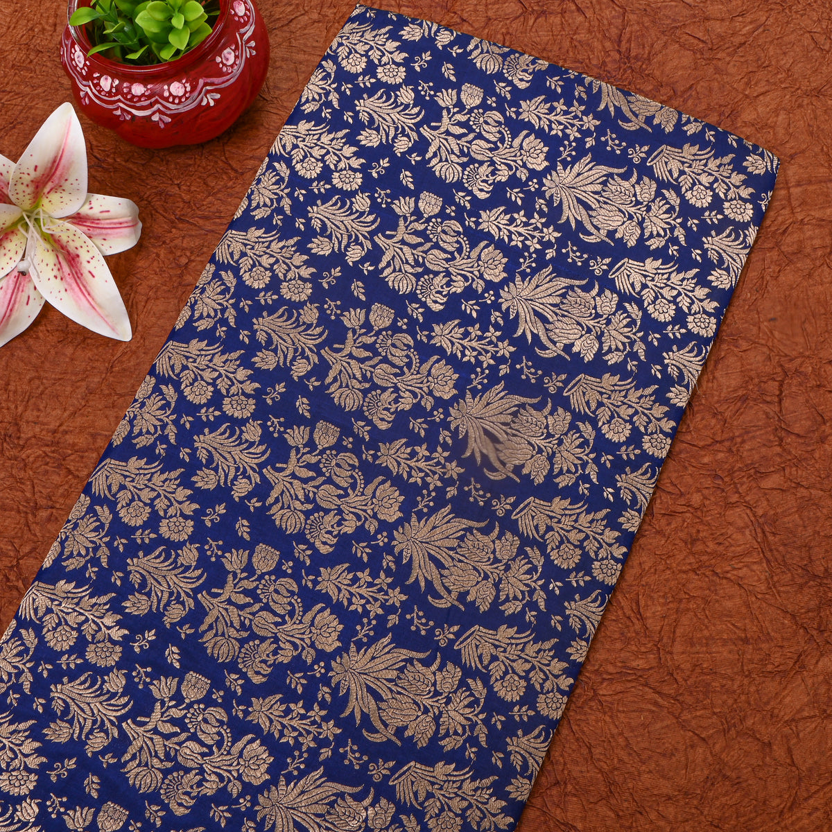 Royal Blue Floral Weave Jamawar Silk Fabric