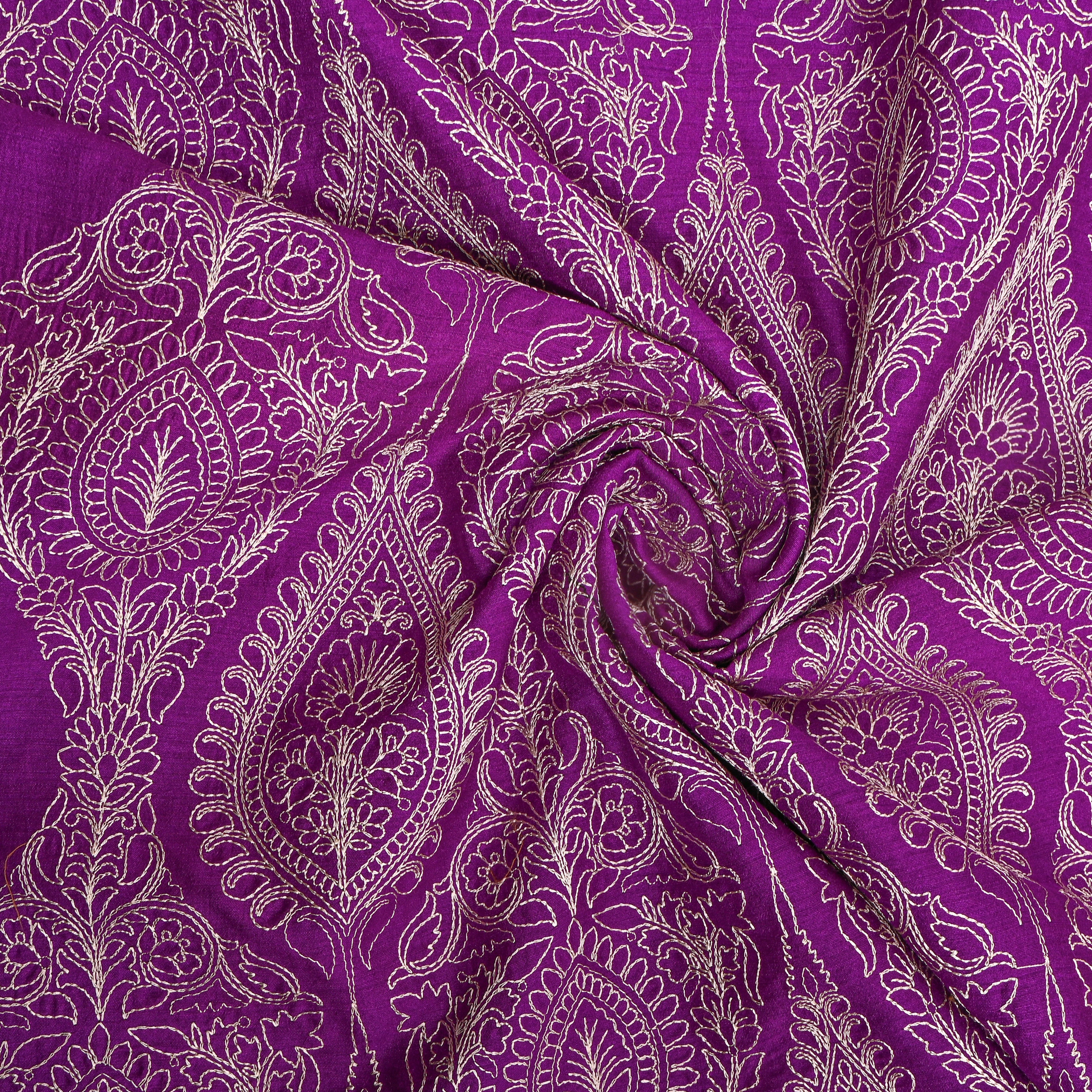 Purple Geometric Thread Work Munga Tussar Fabric
