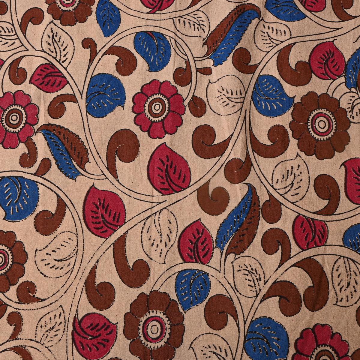 Oatmeal Kalamkari Pen Floral Vine Hand Painted Fabric