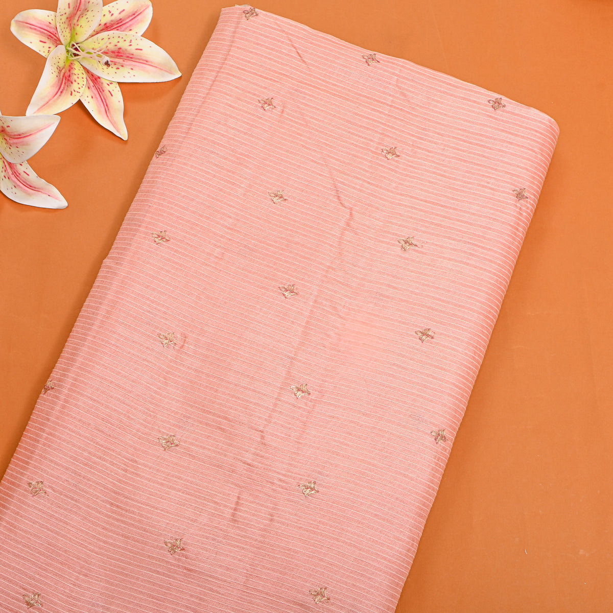 Coral Peach Zari Butti Tussar Fabric