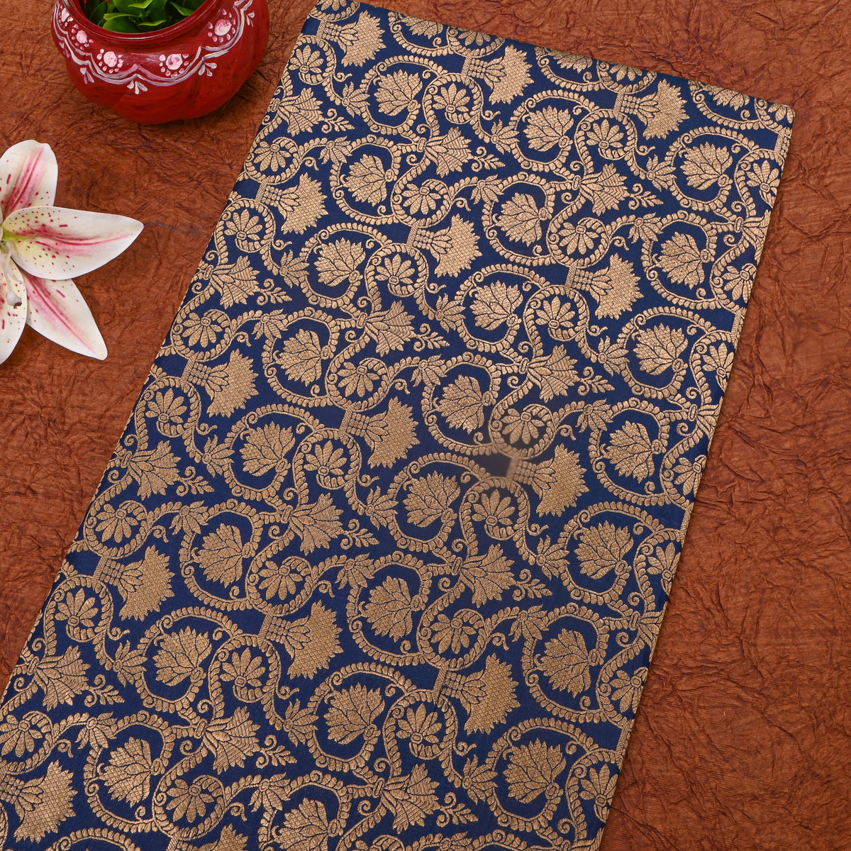 Dark Navy Blue Antique Gold Brocade Jamawar Silk Fabric