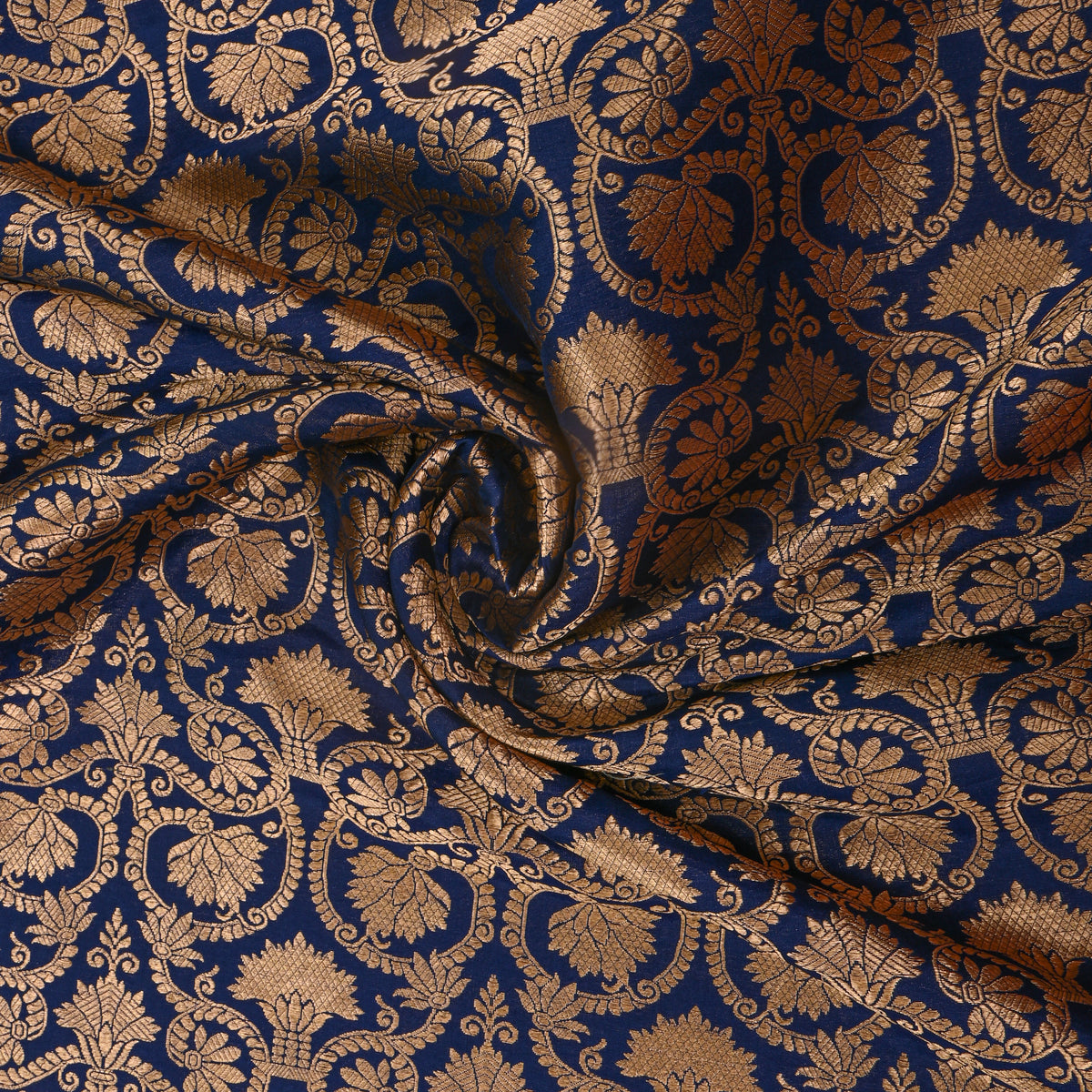 Dark Navy Blue Antique Gold Brocade Jamawar Silk Fabric