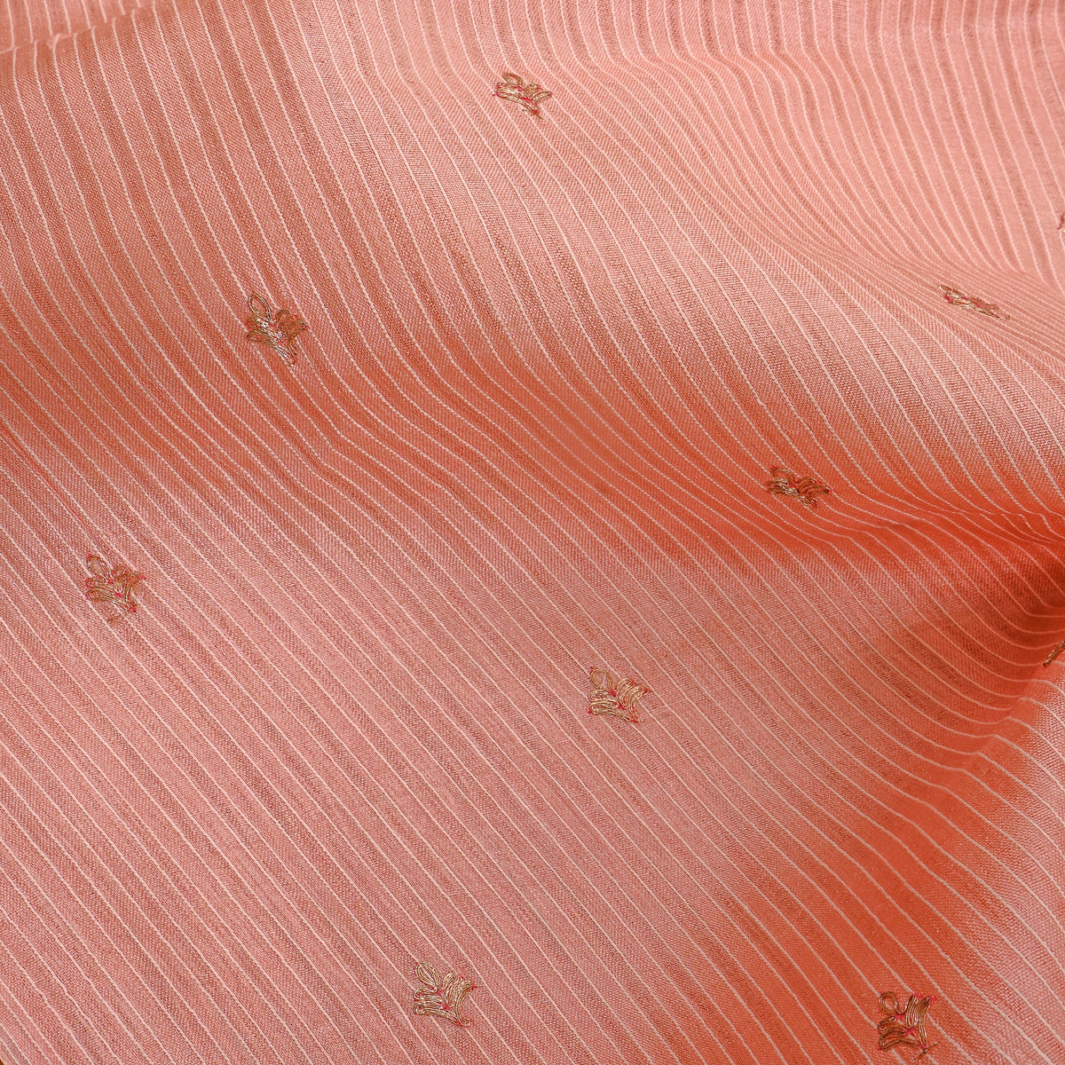 Coral Peach Zari Butti Tussar Fabric