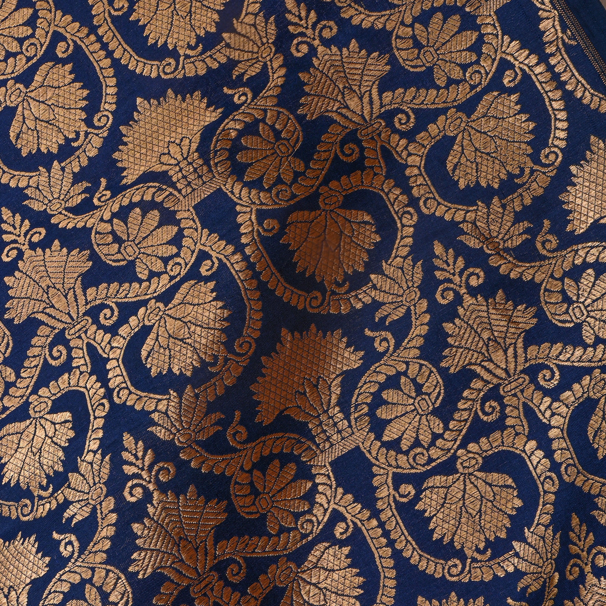Dark Navy Blue Antique Gold Brocade Jamawar Silk Fabric