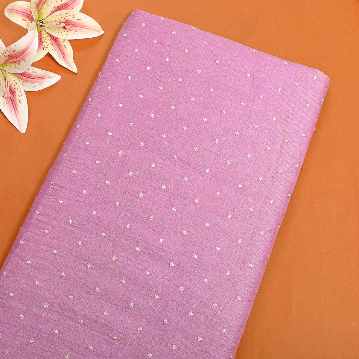 Dark Rose Pink Gold Sequin Butti Tussar Fabric