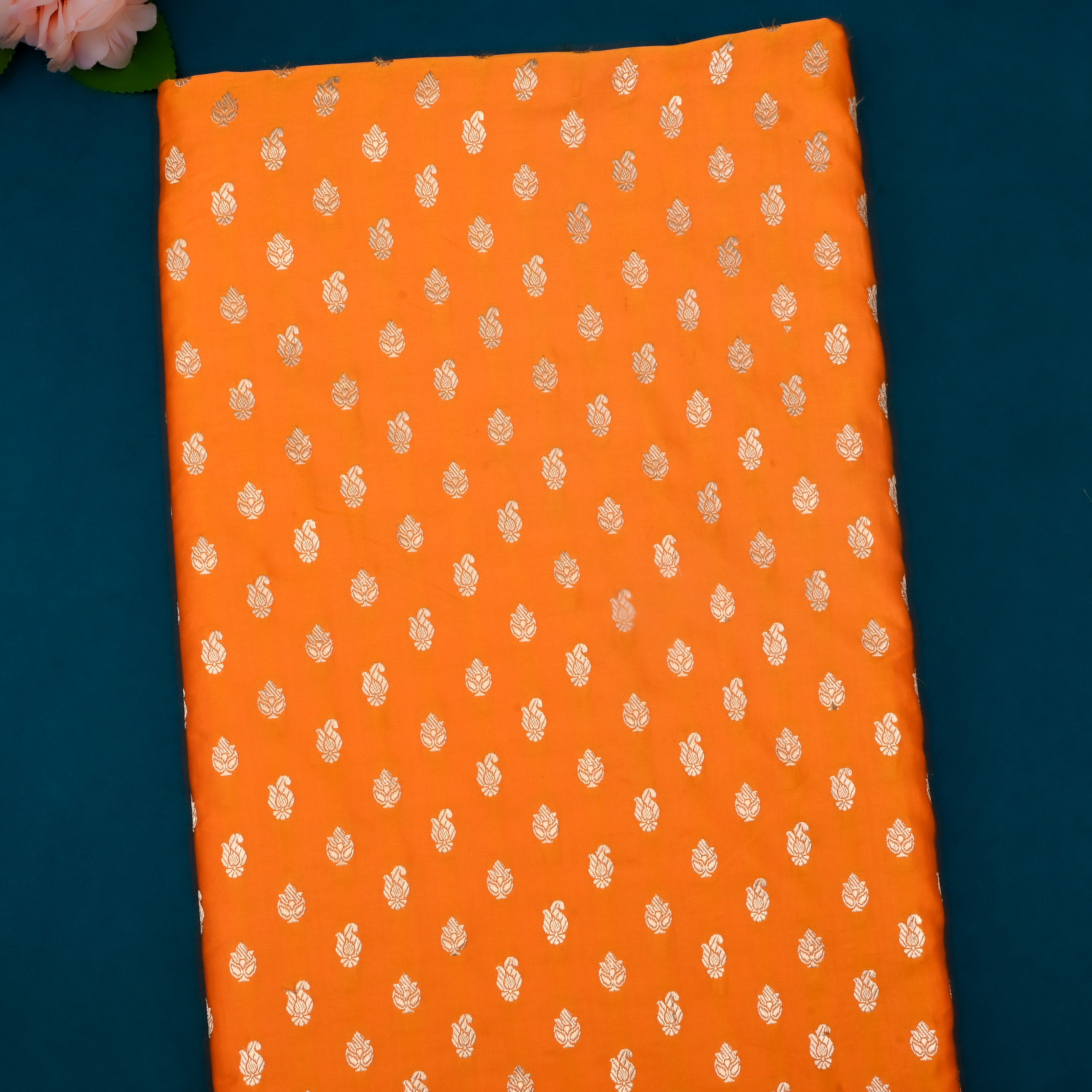 Safety Orange Jamawar Satin Fabric With Buttis