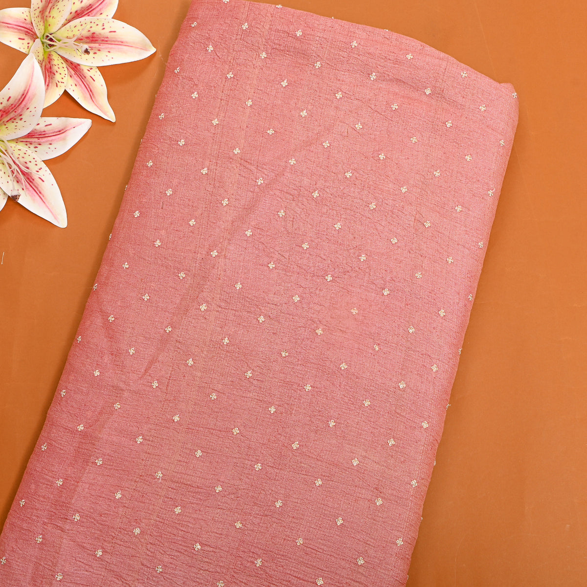 Dusky Rose Pink Gold Sequin Butti Tussar Fabric