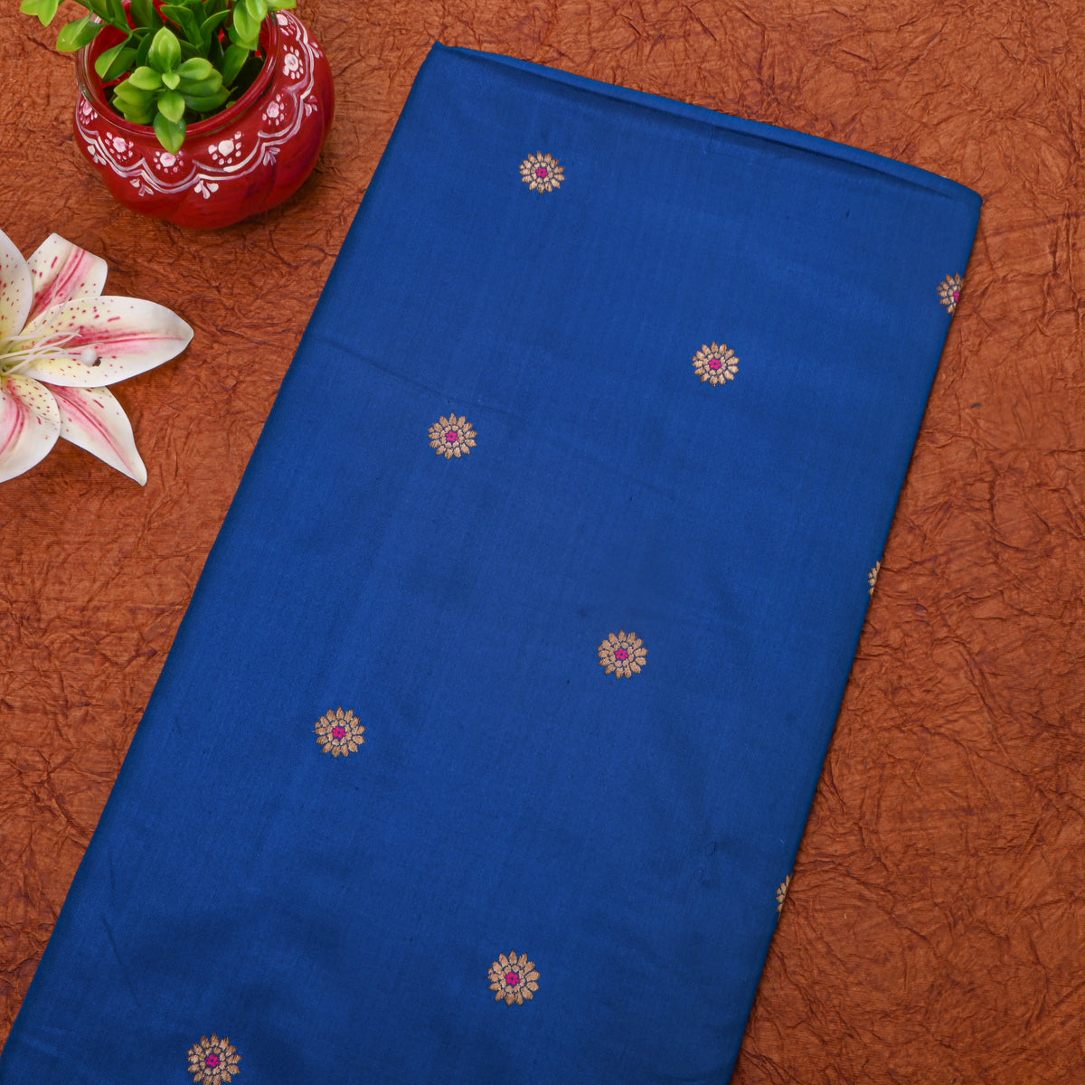 Royal Blue With Gold Zari Butti Jamawar Silk Fabric