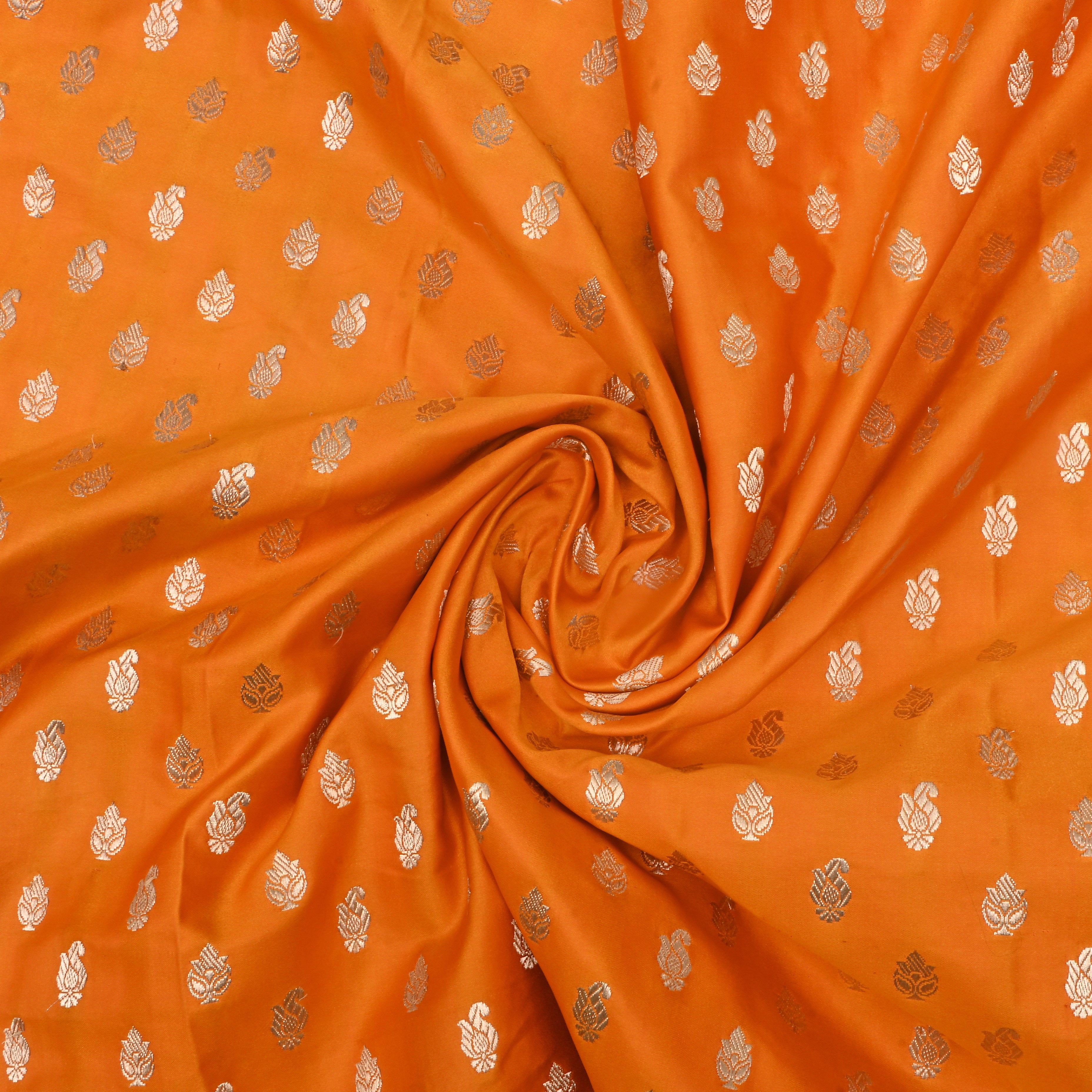 Safety Orange Jamawar Satin Fabric With Buttis