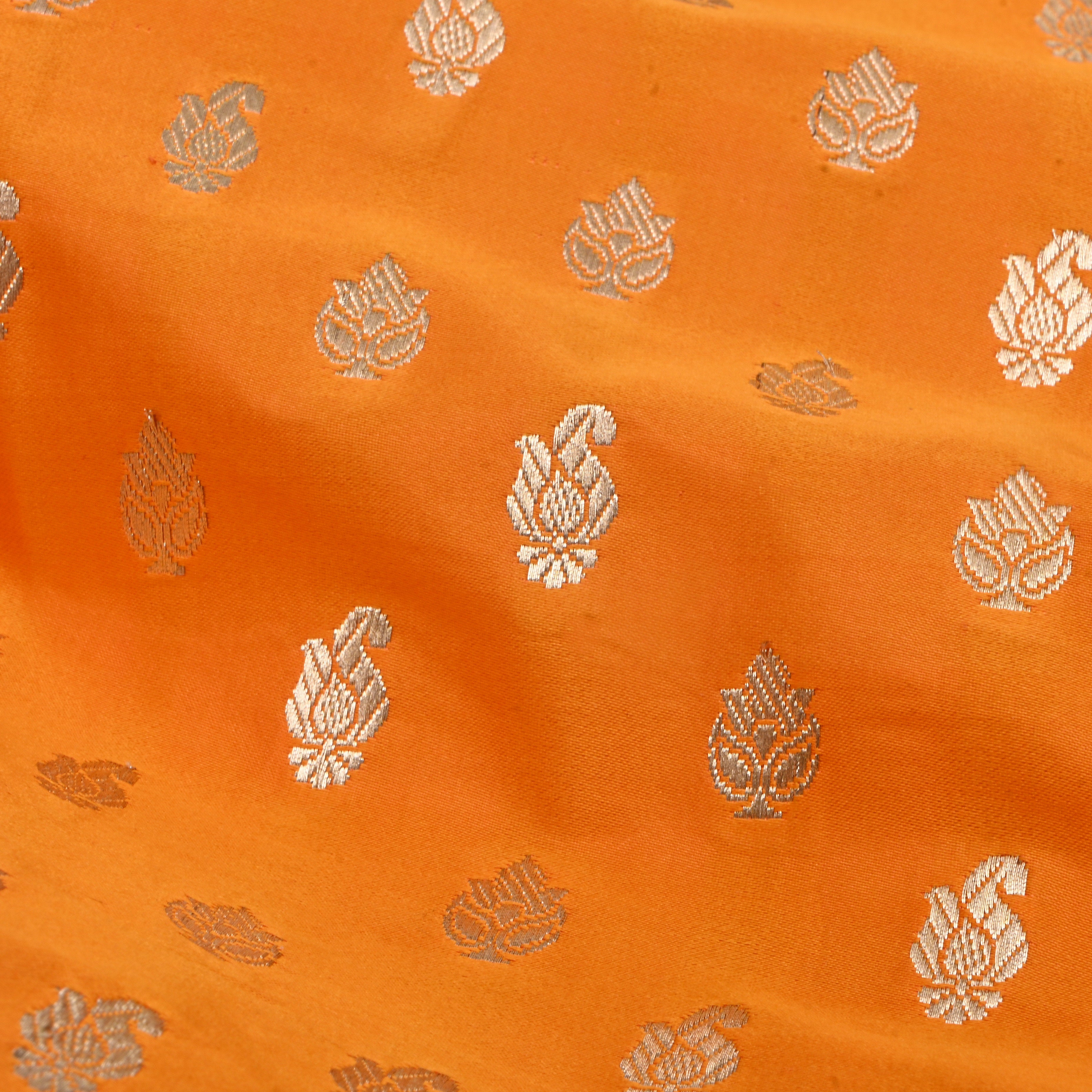 Safety Orange Jamawar Satin Fabric With Buttis