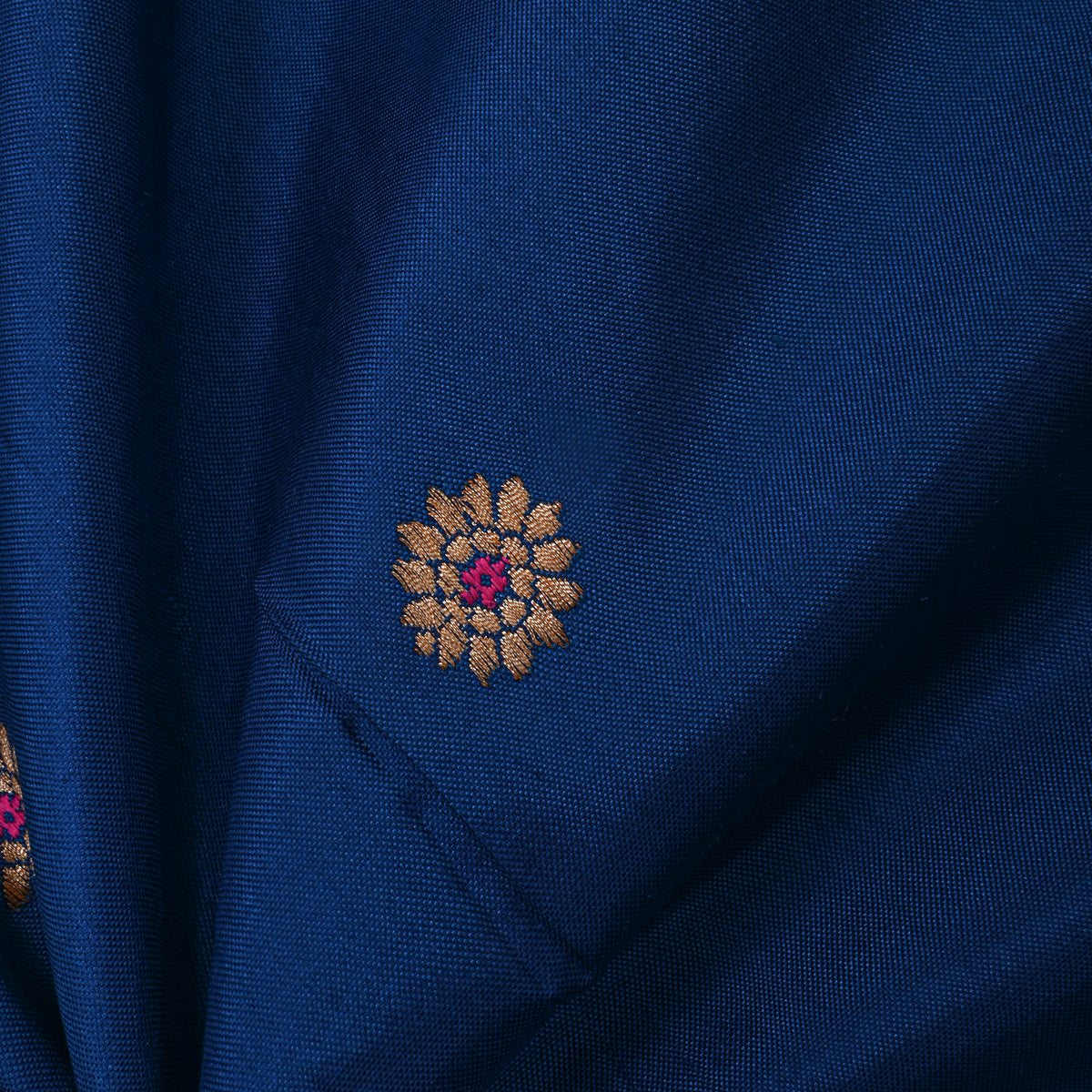 Royal Blue With Gold Zari Butti Jamawar Silk Fabric