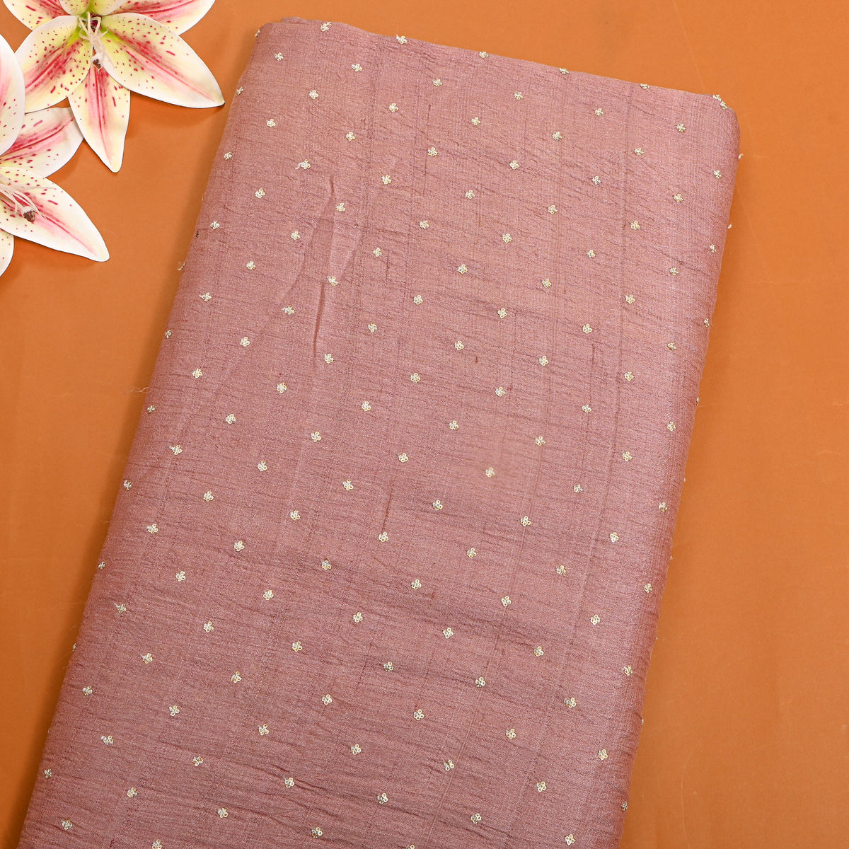 Light Rose Pink Gold Sequin Butti Tussar Fabric