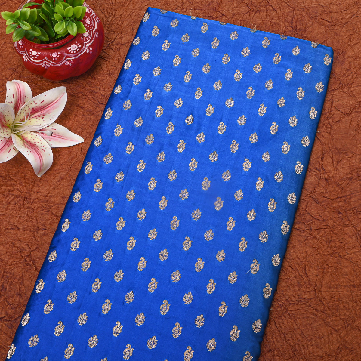 Bright Blue Gold Zari Butti Jamawar Silk Fabric