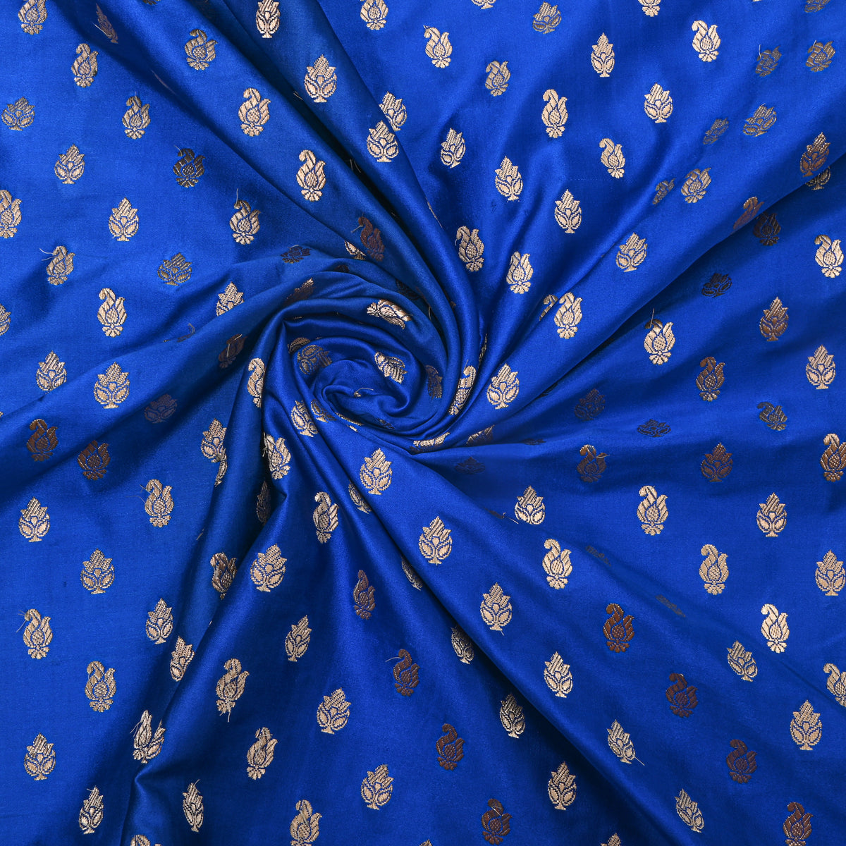 Bright Blue Gold Zari Butti Jamawar Silk Fabric