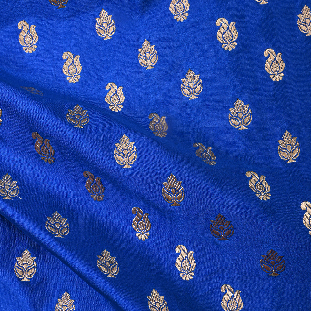 Bright Blue Gold Zari Butti Jamawar Silk Fabric