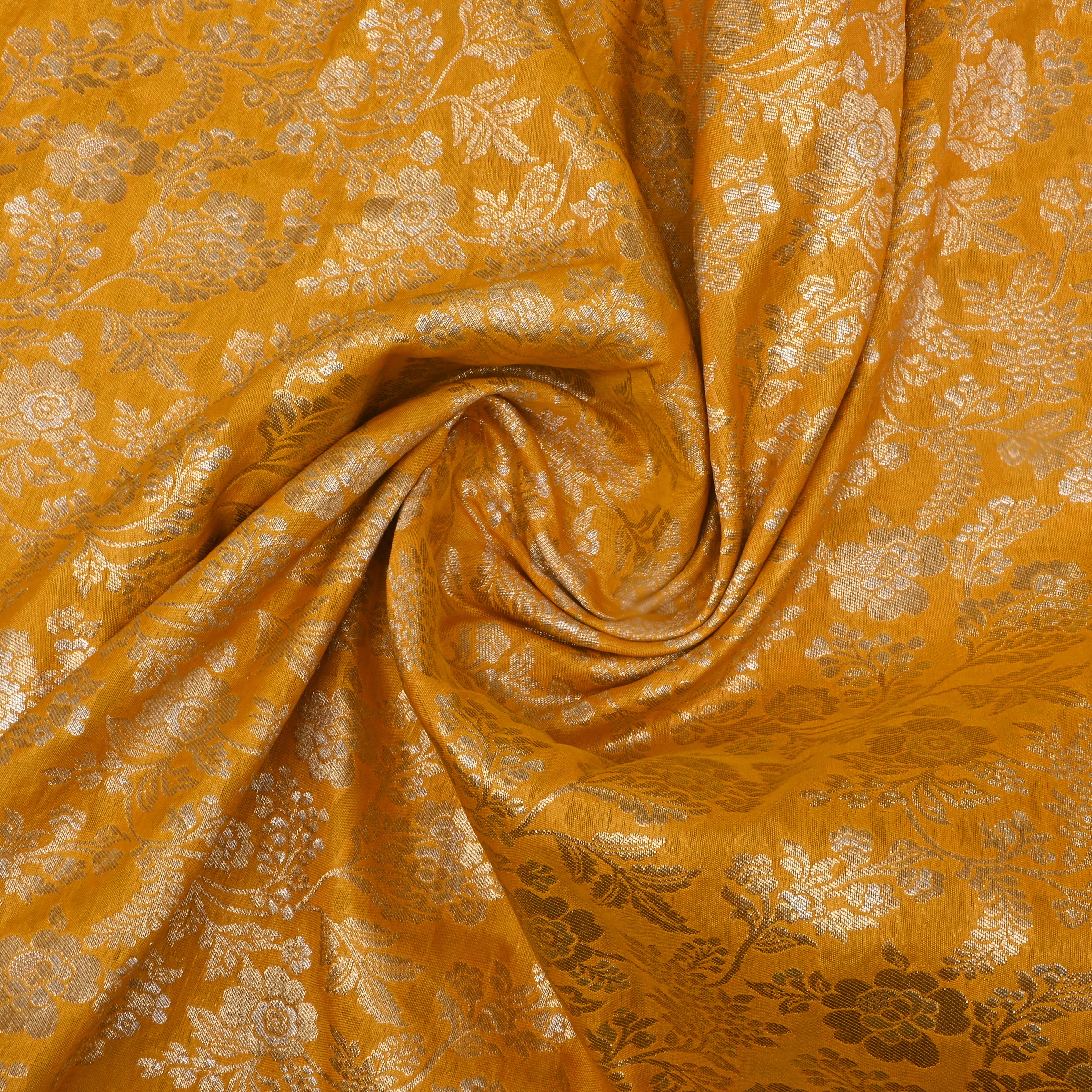 Bright Yellow Jamawar Silk Fabric With Floral Jaal
