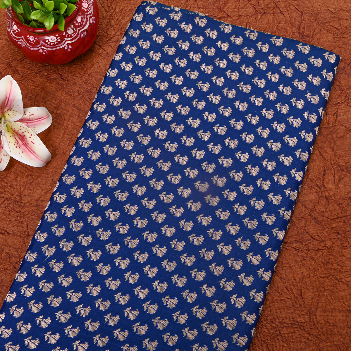 Sapphire Blue Gold Zari Butti Banarasi Silk Fabric