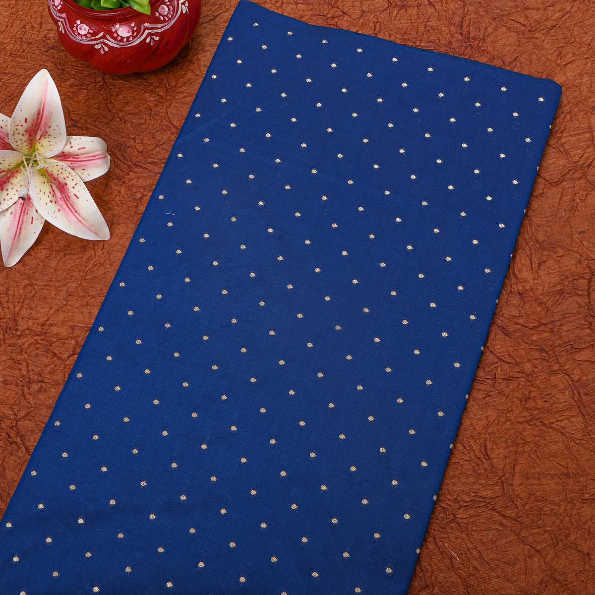 Royal Blue Gold Zari Butti Jamawar Silk Fabric