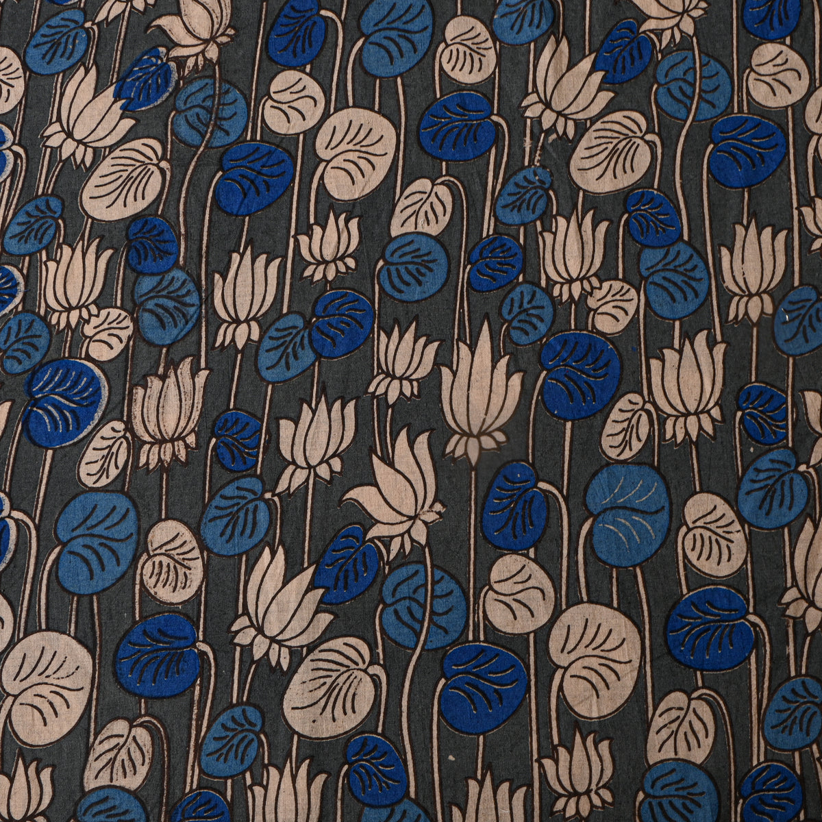 Charcoal Lotus Leaf Kalamkari Pen Handloom Cotton Fabric
