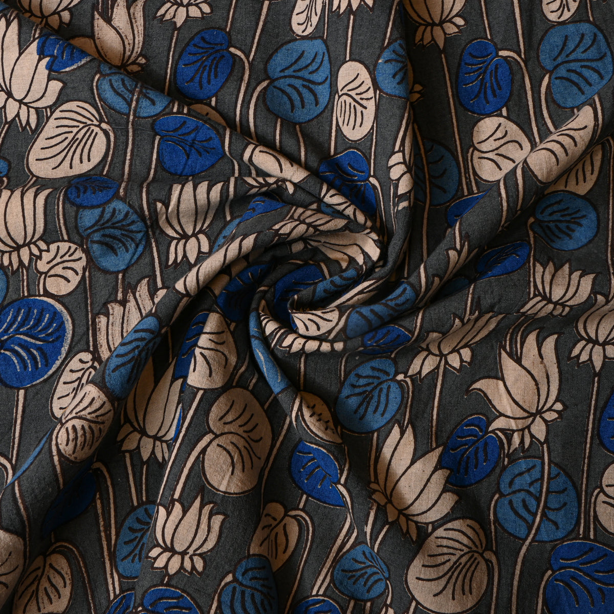 Charcoal Lotus Leaf Kalamkari Pen Handloom Cotton Fabric